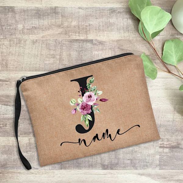 Personligt namn Kvinnor Sminkväska Alfabet Blommor Canvas Kosmetiska fodral Handväska Utomhusfest Bröllopspresenter Kawaii Makeup D4blackfH