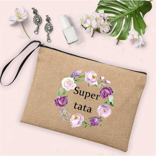 Bästa presenterna till Tata Super Tata Print Linne Blixtlåspåse Rese-toalettsaker Organizer Kosmetisk väska Kvinnor Neceser Makeup-väskor Q08087-A012BR-S