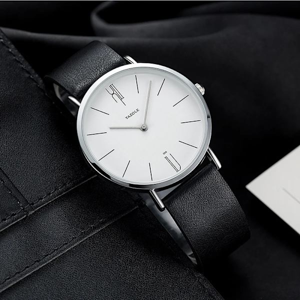 Enkla herrklockor i äkta läder Bussiness Quartz Watch Vattentät Svart Vit Dail Quartz Watch för män black white