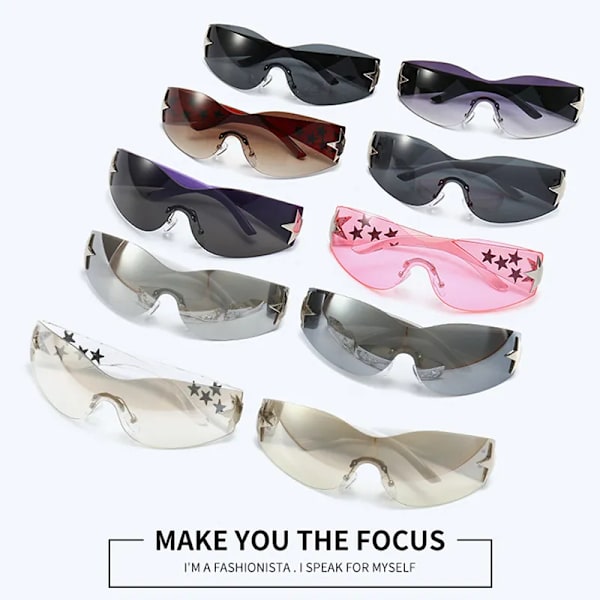 Femuddig stjärna Rhinestone båglösa Y2K solglasögon Kvinnor Män Trendiga 2023'S Wrap Around Solglasögon Punk One Piece Goggles Silver