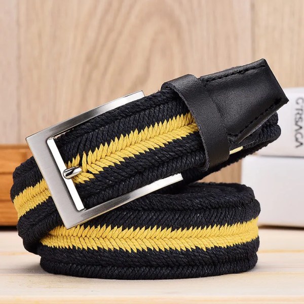 Läderbälte för män för elastiskt rep vax Canvas flätat vävt stretchbälte med lång midja 3,5 CM Cowskin Bälte Toppspets för män 95-160 CM Navy-Yellow 110cm
