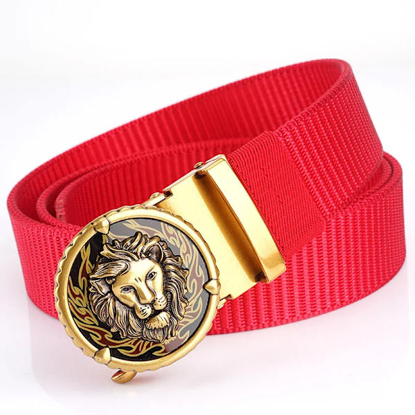 SupSindy Mans Nylon Lyx Guld Lions Metall Automatiskt spänne Canvasbälten för män Mode Jeans Midjeband Svart manlig rem Gold buckle red 110cm