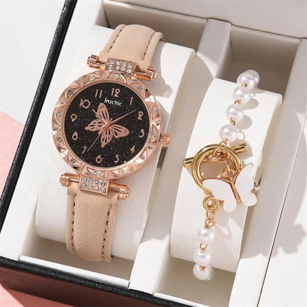 Kvinnor Mode Watch Set No Box Quartz Armbandsur Lyx Kristall Rhinestone Pearl Quartz Klockor Butterfly Watches Armband Set A12 Watch Bracelet