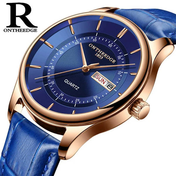 Hög kvalitet Rose Gold Urtavla Watch Män Läder Vattentäta Klockor Affärsmode Japan Quartz Rörelse Datum Man Klocka reloj Rose gold blue