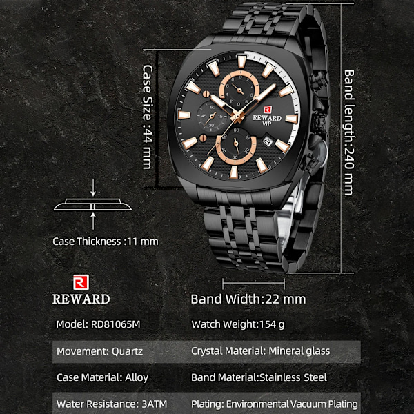 REWARD Herrklockor Toppmärke Lyx Rostfritt stål Kronograf Watch För Herr Mode Datum Vattentät Klocka Reloj Hombre Black