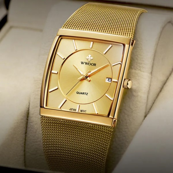 WWOOR Luxury Gold Watch Herr fyrkantig Japan Quartz Slim Steel Mesh Vattentät Sport Automatisk Date Armbandsur Relogio Masculino black black