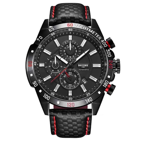 Boyzhe Men Sport Automatisk Mekanisk Watch 3 Bar Vattentät Multifunktionsskärm Lysande Hands Herr Klockor relogio Black Leather