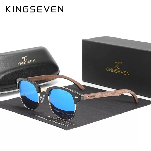 KINGSEVEN Handgjorda 2022 svarta valnötssolglasögon av trä för män Polariserad UV400-skydd Halvbåglös retroglasögon Dam Oculos Blue Original