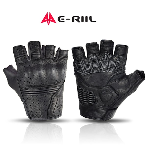 Perforerade Motorcykelhalvfingerhandskar Herr Motorcykel Läderhandskar Sommar Moto Handskar Fingerlösa Andningsbara Racinghandskar ERG-05 Black L