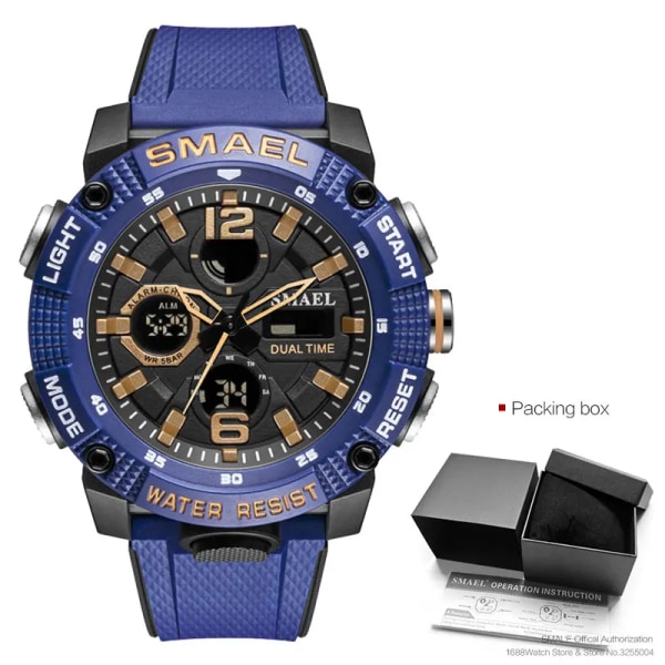 SMAEL Dual Time LED Display Digital watch för män Vattentät Simning Quartz Sportklockor Auto Date Alarm Clock Armbandsur 8039 Dark blue-Box