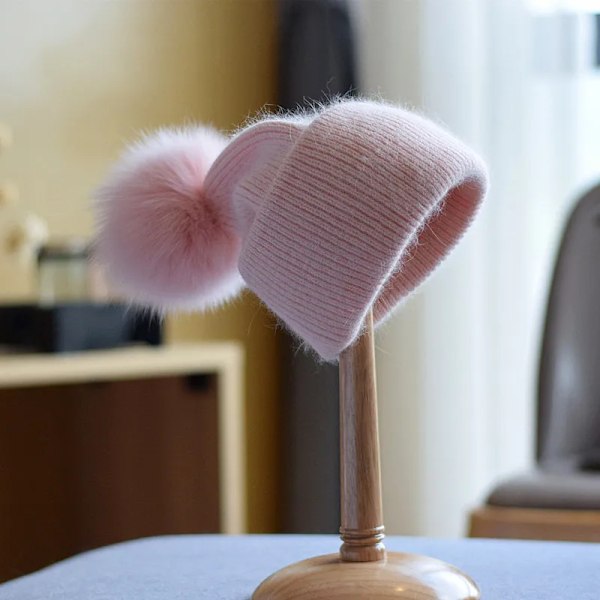 Nya vintermössor för kvinnor - Trendiga, enfärgade, varma mössor med pompom - Trefaldiga, tjocka stickade mössor Gray