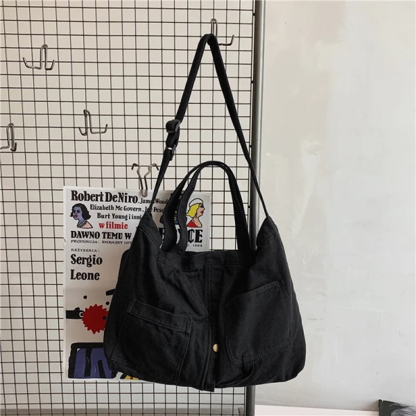 Axelväskor i canvas med stor kapacitet Solid mjuk denim Fritids- eller resväska för kvinnor Mode Fatchels Vinterpaket Black 2 Large Capacity Bag