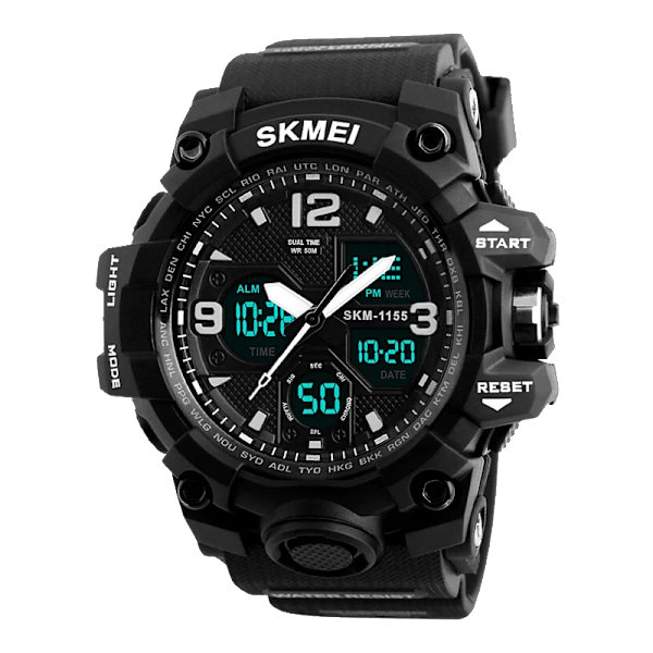 SKMEI 2 Time Herrklocka Man Elektroniska Sportklockor Stoppur Bakljus Alarm Vattentät Quartz Clock reloj hombre 1155B black