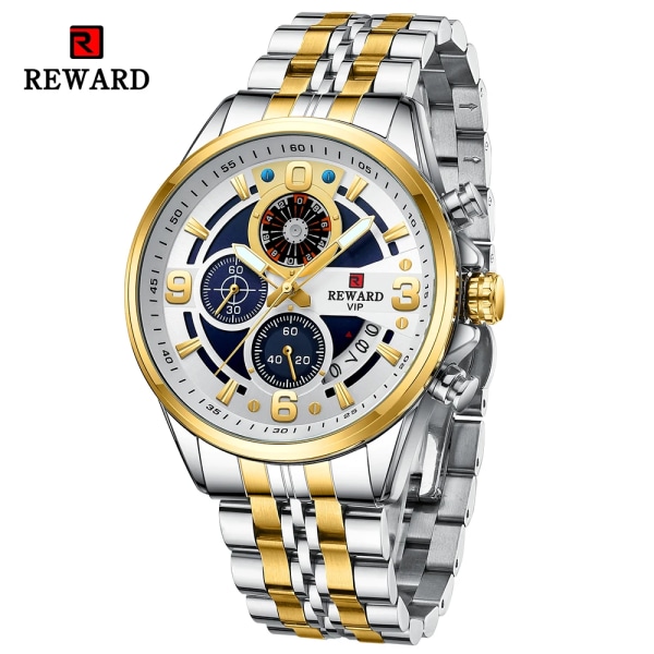 REWARD Design Quartz Armbandsur för män Sport Vattentäta klockor Rostfritt stål Kronograf Luminous Watch White White