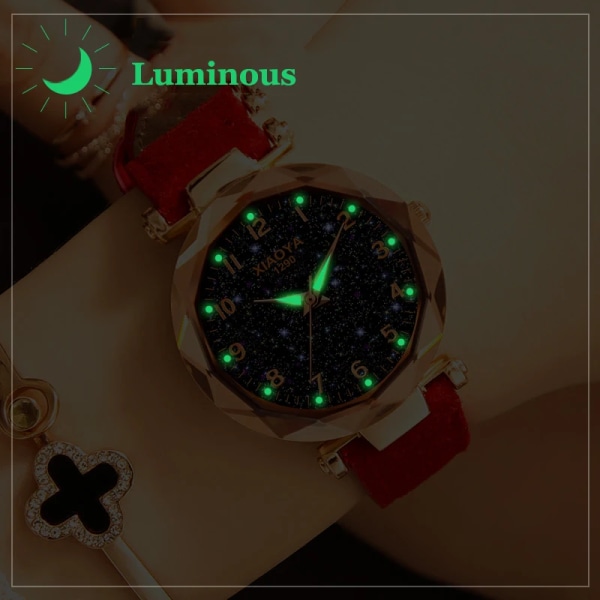 Lyx Starry Sky Watch For Women Mode Dam Quartz Armbandsur Rött Läder Vattentät Klocka relogio feminino zegarek damski Black