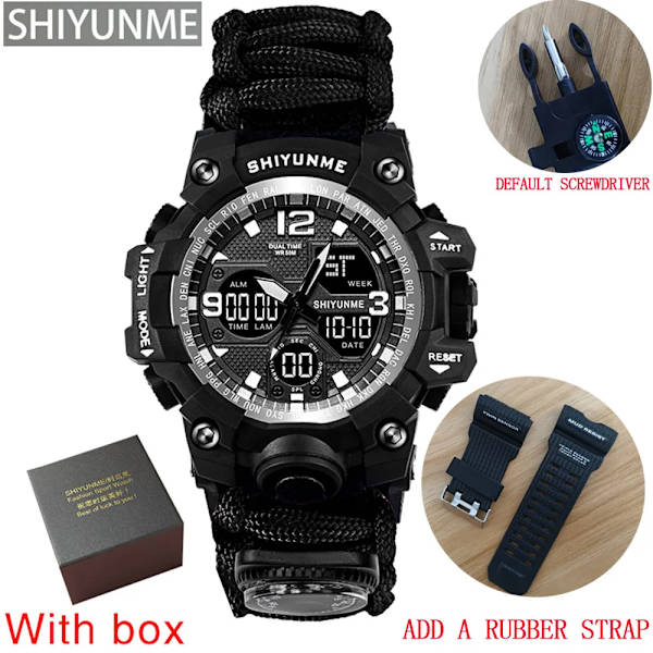 Utomhus Survival Military Watch Vattentät Multifunktionell Survival Kit Militär Taktisk Paracord Watch Compass Watch Black with box strap