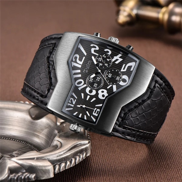 Oulm Classic Style Two Time Zone Herrklockor PU Läder Armbandsur Man Quartz Clock Casual Man Timmar relogio masculino red