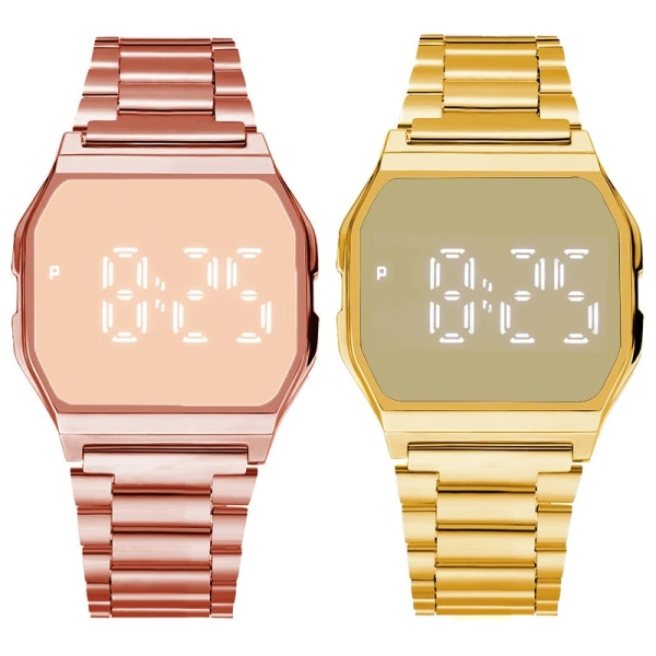 Sport Kvinnor Män Unisex Lyx Länkarmband i rostfritt stål LED Digitala Damklockor Business Watch Klockor Män Reloj Mujer Gold