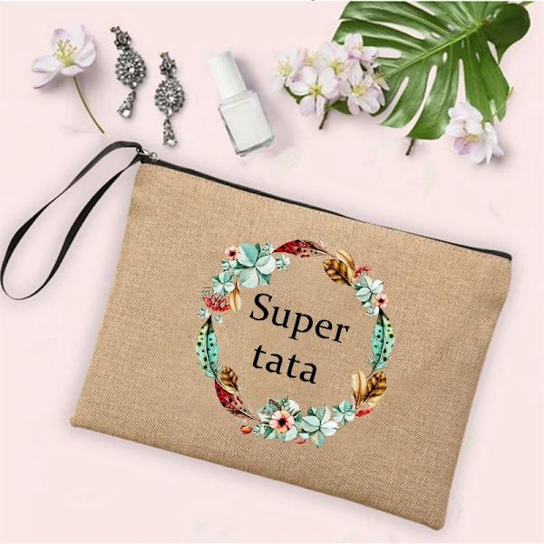 Bästa presenterna till Tata Super Tata Print Linne Blixtlåspåse Rese-toalettsaker Organizer Kosmetisk väska Kvinnor Neceser Makeup-väskor Q08085-A012BR-S