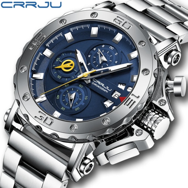 Relogio Masculino CRRJU Sport Chronograph Herrklockor Toppmärke Lyx Full Steel Quartz Klocka Vattentät Big Dial Watch Herr blue