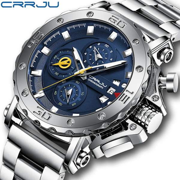 Relogio Masculino CRRJU Sport Chronograph Herrklockor Toppmärke Lyx Full Steel Quartz Klocka Vattentät Big Dial Watch Herr Silver Blue