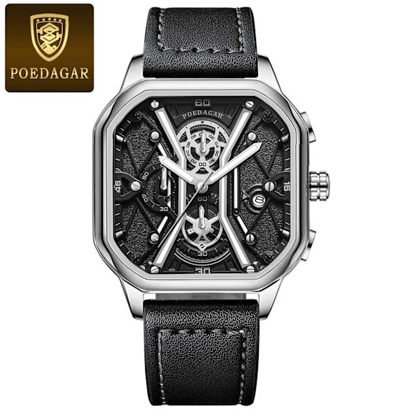 POEDAGAR Lyx Herrarmbandsur Högkvalitativ vattentät kronograf Lysande Date Man Klockor Läder Herr Quartz Watch Militär Silver White L