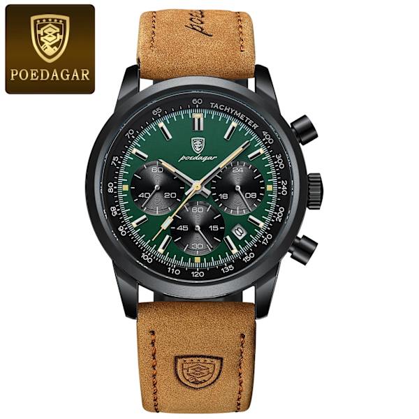 POEDAGAR Lyx Watch Högkvalitativ vattentät kronograf Lysande Herrarmbandsur Läder Herr Kvartsklockor Casual Black Green