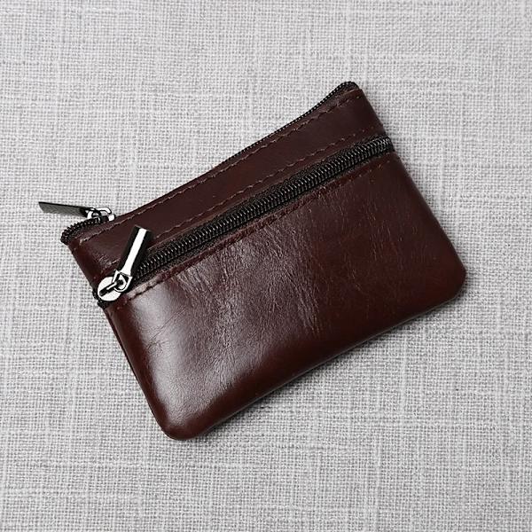 Läder Mini Myntväska Unisex Enkel Bärbar Första Layer Kohud Retro Handgjord dragkedja Liten case Light Brown