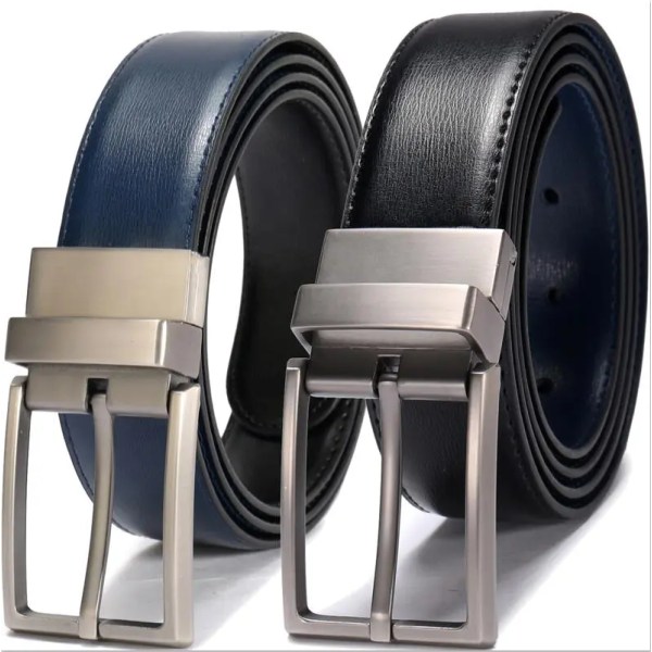 Vändbart bälte i läder för män - Klassisk och modedesign Två-i-ett-bälten med roterat spänne Ceinture Storlek 75-160 cm 0440SL-Kou-BK Blue 100cm (Waist 85cm)