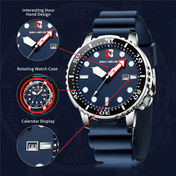 Ben Nevis herrklockor Lyxig analog watch med datum Watch Vattentät silikongummirem Relogio Masculino black with box