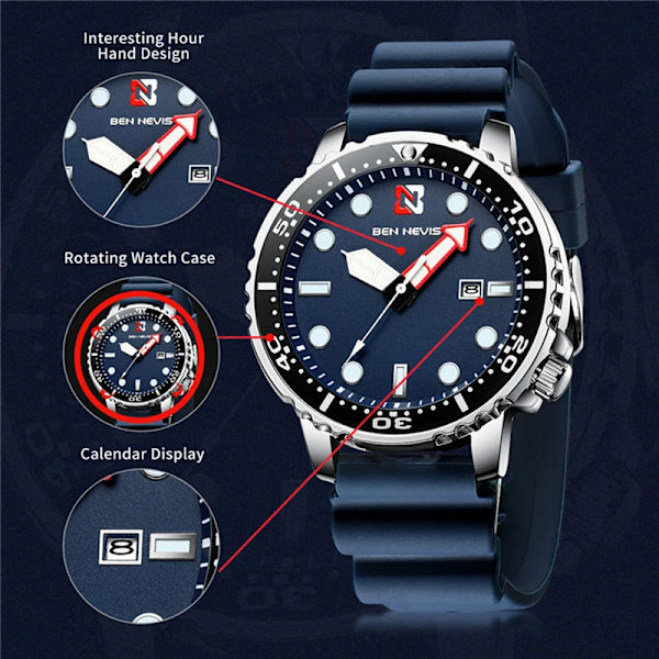 Ben Nevis herrklockor Lyxig analog watch med datum Watch Vattentät silikongummirem Relogio Masculino blue