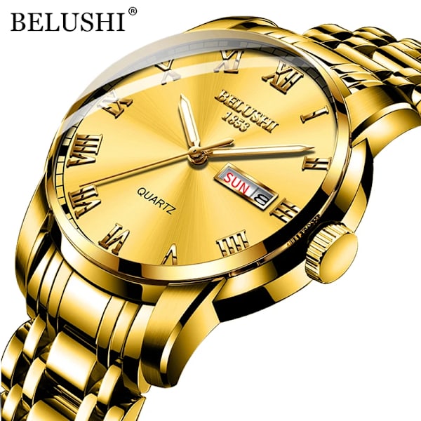 BELUSHI Herrmode Business Quartz Klockor Topp Lyx Märke Helt Stål Vattentät Analog Armbandsur Herr Kalenderklocka Golden