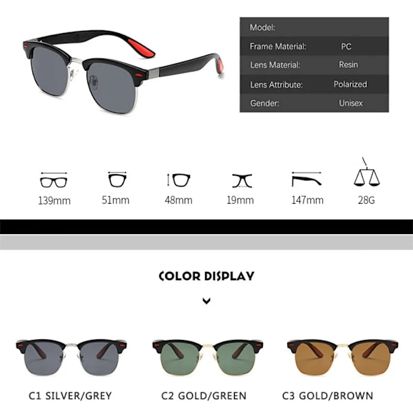 Klassiska Retro Nit Polariserade Solglasögon Män Dam Märkesdesigner TR90 Ben Lättare Design Kvinnlig Man Mode Solglasögon C1 Polarized