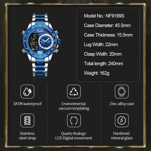 NAVIFORCE Lyx , Ny design watch för män, rostfritt stål, dubbla skärmar kvarts armbandsur Vattentät militär sport herrklocka GG-BOX