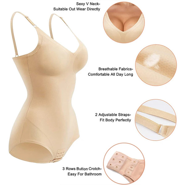 Push Up Full Body Shapewear Kvinnor Bantning Kroppsformare Body Slida magkontroll Överbyst Justerbar Korsett axelrem Beige M