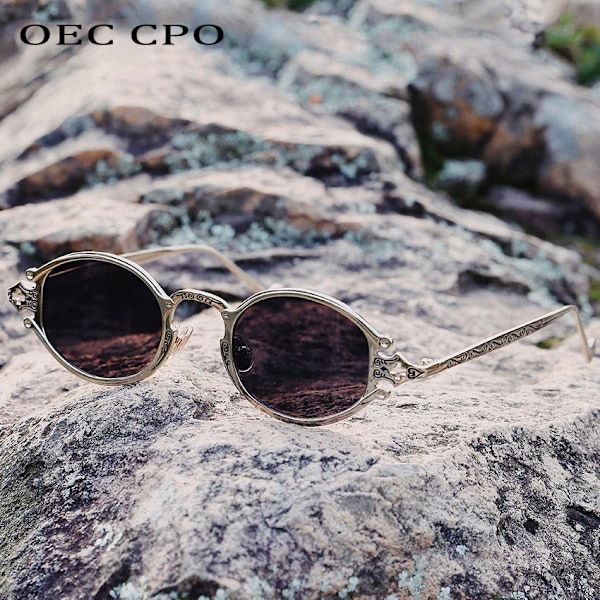 nya cateye street shoot man solglasögon dam retro steampunk glasögon gotisk oval Metallbåge snidade solglasögon Gafas sol mujer C5 Gold-Red
