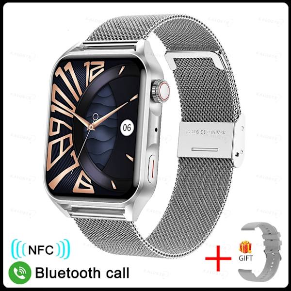Ny NFC Smart Watch Herr AMOLED HD-skärm Visa alltid tiden Bluetooth Call IP68 Vattentät SmartWatch Dam För Huawei Mesh Belt Silver