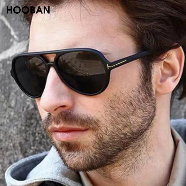 HOOBAN Vintage Pilot Style Solglasögon Män Snygg märkesdesign Körande Solglasögon Man Retro Big Frame Shade Glasögon Grey Grey As Picture
