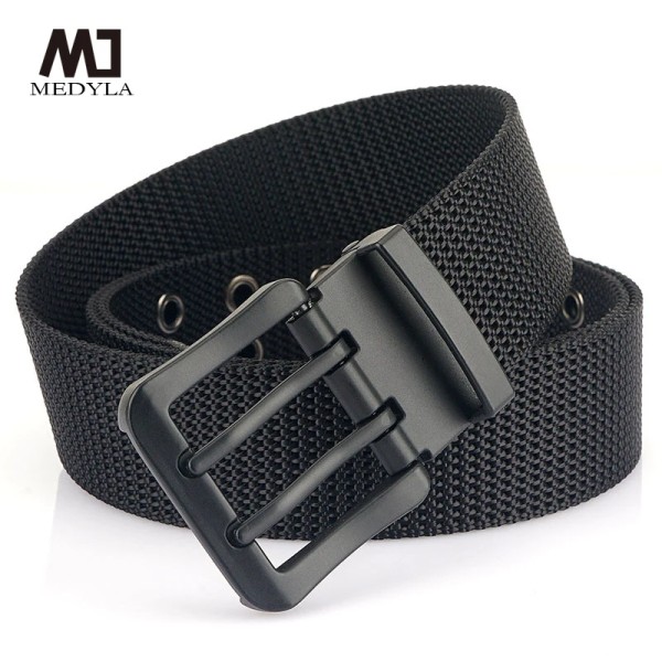 MEDYLA Fashion Classic Canvas Bälte Män Metall Dubbelnål Spänne Casual Strap Bälte för män Högkvalitetsrem MN3008 Black 115CM