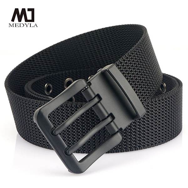 MEDYLA Fashion Classic Canvas Bälte Män Metall Dubbelnål Spänne Casual Strap Bälte för män Högkvalitetsrem MN3008 Deep gray 110cm
