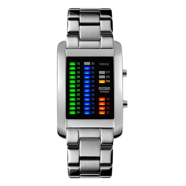Binära watch resistenta klockor män 3ATM vattentät larm Chrono rektangel urtavla Canlender svart ljus tuff struktur Silver