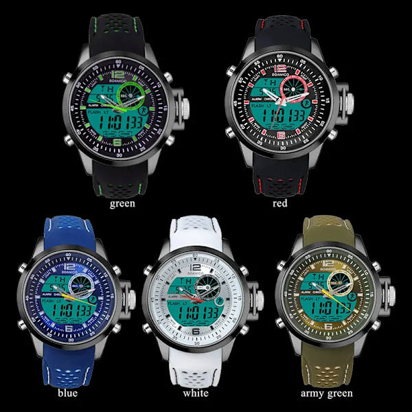 män sportklockor militär digitala klockor med dubbla skärmar analog LED quartz watch BOAMIGO märke manliga 30M vattentäta armbandsur blue