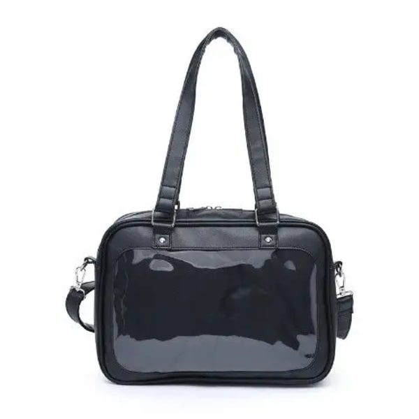 HAEX Harajuku Lolita Girls Ita-väskor Japanska JK-uniform Se Through Large Capacity PU Mode Casual Studenter Axelväskor Black 32x23x9cm