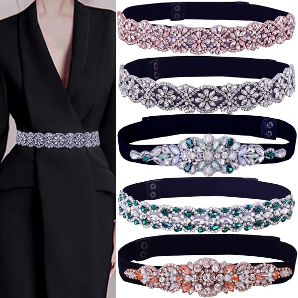 TOPQUEEN Damklänningar Elastiskt bälte Mode Glittrande Rhinestone Stretch midjeband Resefestdekoration Plus Size Anpassad S22-B Black 68cm