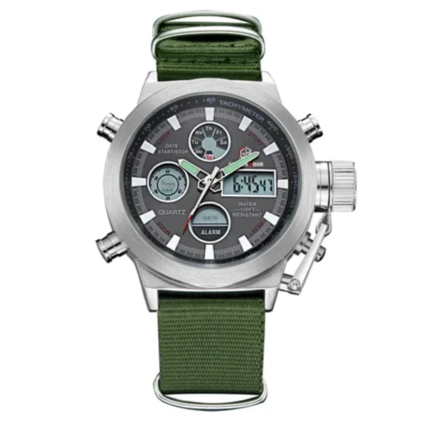GOLDENHOUR Top Lyx Märke Utomhus Sport Watch Herr Army Canvas Klockor Auto Date Display Quartz Armbandsur Relogio Masculino Silver