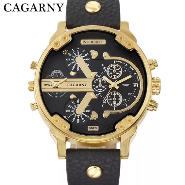 Cagarny Herrklockor Herr Mode Quartz Armbandsur Cool Big Watch Läderarmband 2 Times Military Relogio Masculino D6820 Black