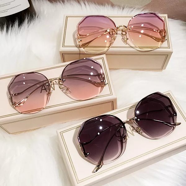 Oregelbundna runda solglasögon Kvinna Märkesdesigner Gradient Mode Solglasögon Kvinnlig båglös metall Böjda tempel Oculos De Sol Double Brown other