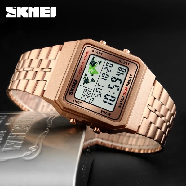 SKMEI Top Lyx Mode Watch Herr Väckarklocka 3Bar Vattentät Rostfritt stål Armband Digitala klockor reloj hombre 1338 gold