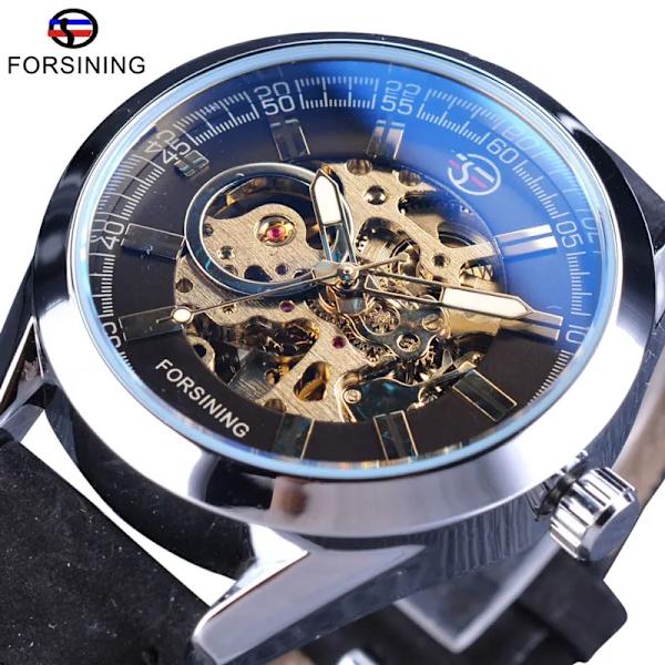 Forsining 2017 Herr Casual Watch Brunt äkta läderarmband Toppmärke Lyx Automatisk Watch Skelettklocka Silver