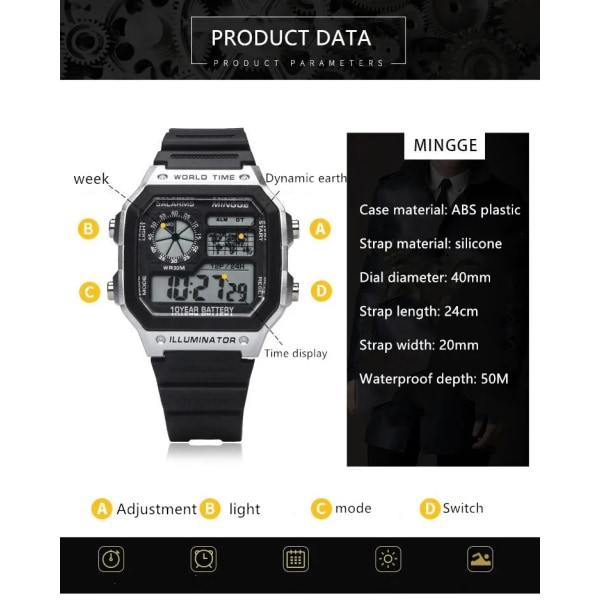 2021 nya militära digitala klockor män Sport Lysande kronograf Vattentäta elektroniska armbandsklockor för män Relogio Masculino 90T-silver black-men